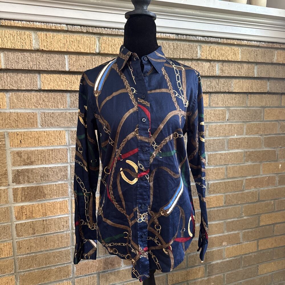 Lauren Ralph Lauren Women's Equestrian Print Cotton-Shirt Long Sleeve Sm Preppy